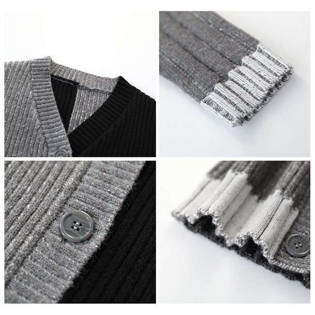 Áo cardigan IHKKE dệt kim cổ chữ V màu sắc tương phản thời trang