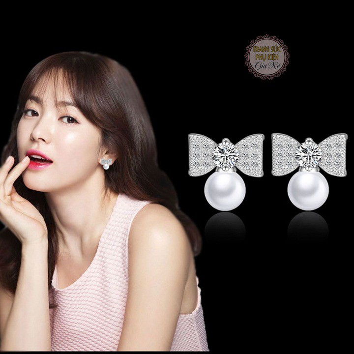 Bông tai nơ hạt châu xinh xắn, bạc ý S925- HT205