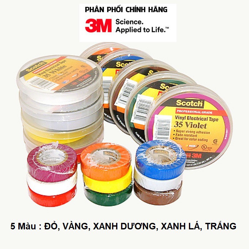 Băng keo điện chống cháy 3M 35 19mmx20.1m nhiều màu ( xanh dương, đỏ, trắng, vàng, xanh lá ) - chịu được nhiệt độ cao