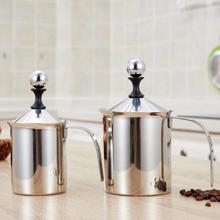 Ca đánh sữa lạnh latte, ca tạo bọt sữa cầm tay inox 2 lớp (400 - 800 ml)