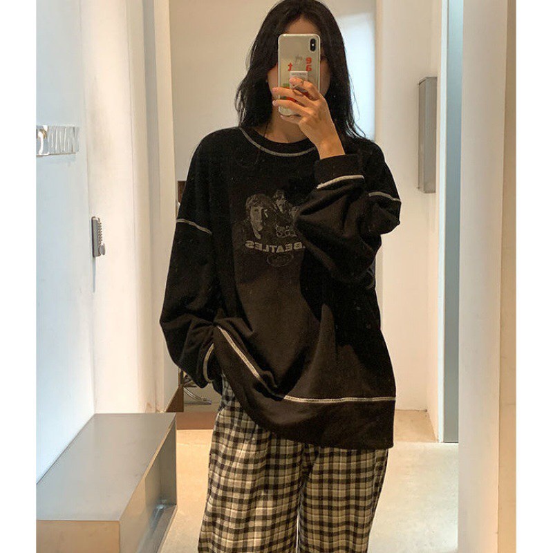 Áo hoodie form rộng không mũ tay dài họa tiết chỉ nổi in hình The Beatles dáng unisex 1st clothes | BigBuy360 - bigbuy360.vn