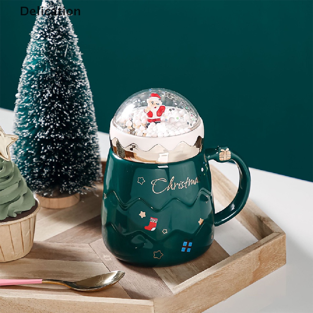 Cốc Uống Nước Bằng Sứ Trong Suốt Có Nắp Đậy In Hình Ông Già Noel Dễ Thương