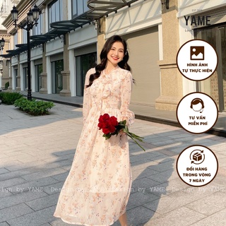 Váy đầm nữ tơ hoa dáng suông dài tay bo chun cổ bèo Flane màu hồng YAME