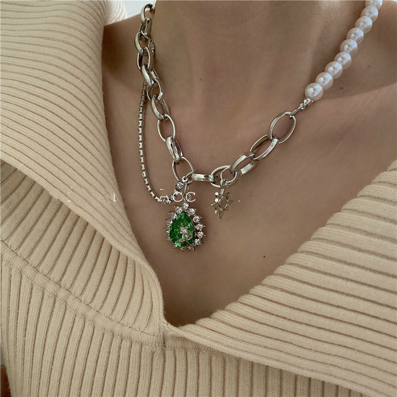 vòng cổ Đính Đá Xanh Phong Cách Vintage Hàn Quốc