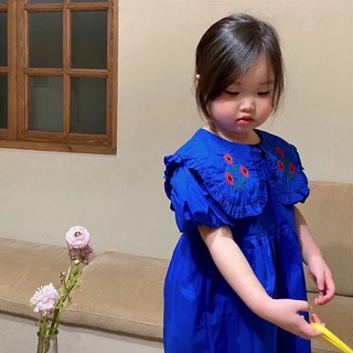 Váy cổ bèo thêu hoa, váy xanh blue