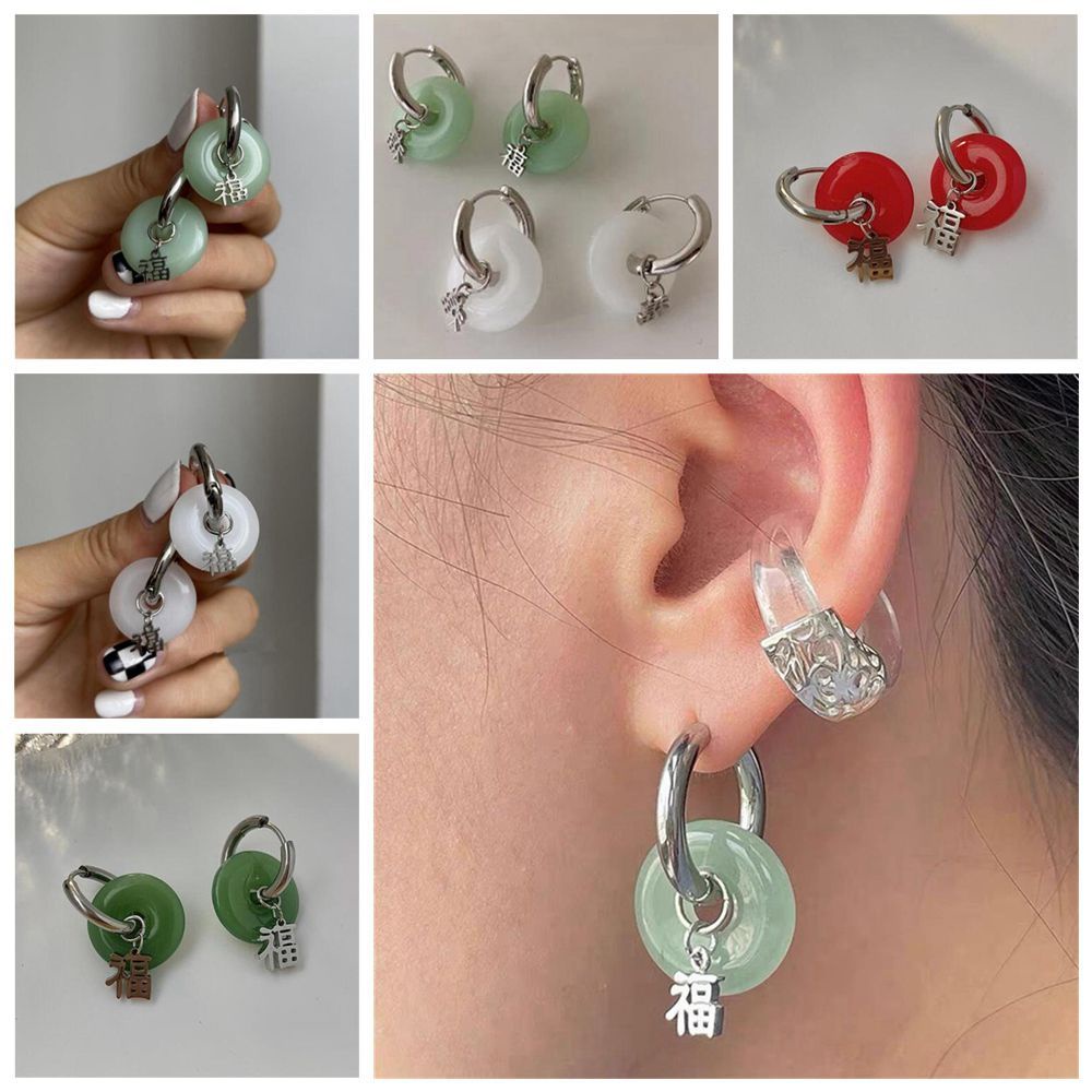 Khuyên tai tròn bằng thép không gỉ và đá ngọc bích phong cách vintage thời trang tinh tế cho nữ