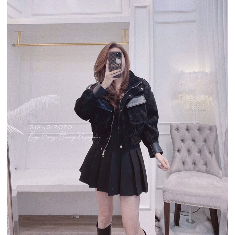 Áo khoác nhung phối da