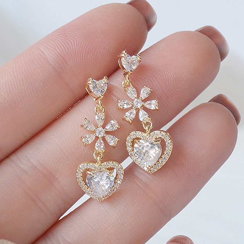 Bông tai hình hoa đính đá zircon lấp lánh dễ thương cho nữ