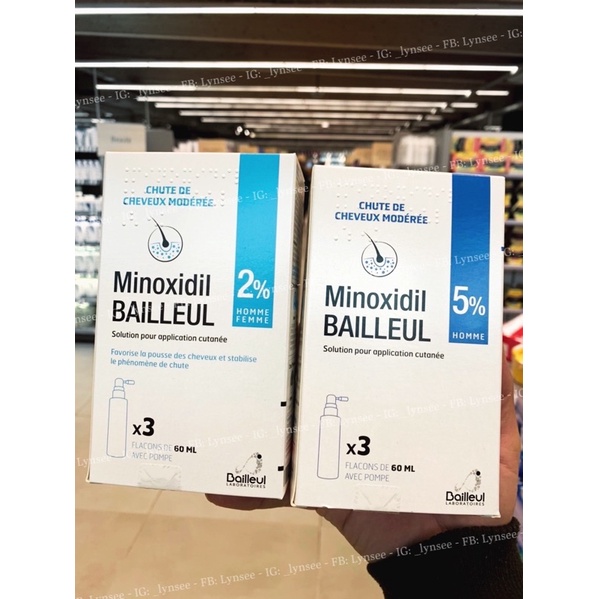 Minoxidil Bailleul 5% và 2% - Xịt mọc tóc Minoxidil nhập khẩu Pháp - Hộp 3 lọ 60ml - Date 2024, Mẫu mới nhất