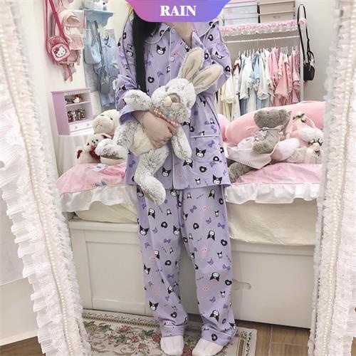 Bộ Đồ Ngủ Hai Mảnh Tay Dài Dáng Rộng In Họa Tiết Sanrio Kuromi Dễ Thương Có Thể Đáng Yêu Dành Cho Bạn Nữ [RAIN]