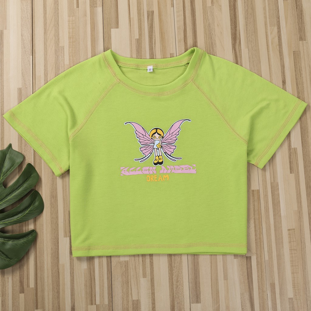 Áo thun croptop tay ngắn in họa tiết hoạt hình dễ thương cho phái nữ