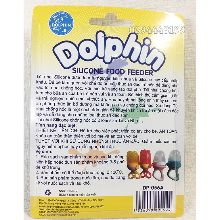 Túi Nhai Ăn Dặm Silicone Dolphin - Đầy đủ giấy tờ an toàn cho bé | DP-056A