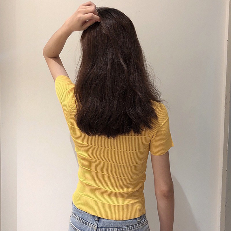 [Baywellfashion]Freeship từ 50K - Áo dệt kim tay ngắn phối nút thiết kế cổ chữ V quyến rũ | BigBuy360 - bigbuy360.vn