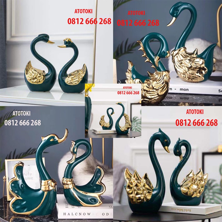 <Bộ sưu tập>Cặp Đôi Thiên Nga Sứ mạ vàng 24k men xanh ngọc lục, Thú Decor