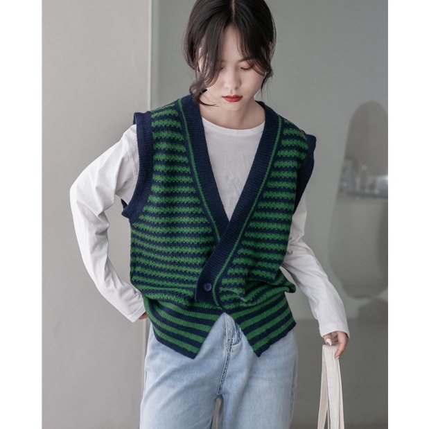 Áo Cardigan dệt kim không tay cổ chữ v form rộng họa tiết kẻ sọc phong cách retro | BigBuy360 - bigbuy360.vn