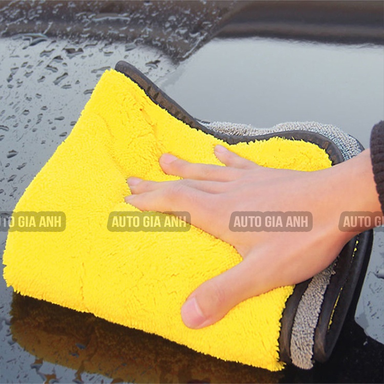 Khăn lau ô tô đa năng Microfiber 2 mặt vàng xám siêu sạch siêu thấm cực dày không đổ lông khăn chùi xe hơi khăn lau kính
