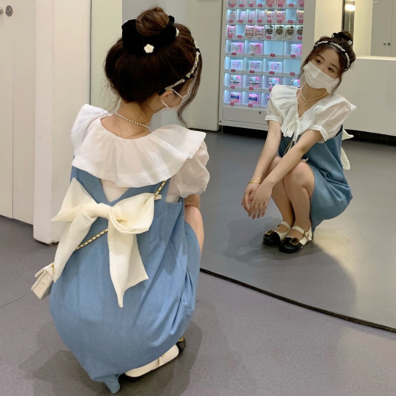 Đầm babydoll set váy Set Áo Sơ Mi Cổ Búp Bê Và Đầm Yếm Denim Xinh Xắn Cho Nữ