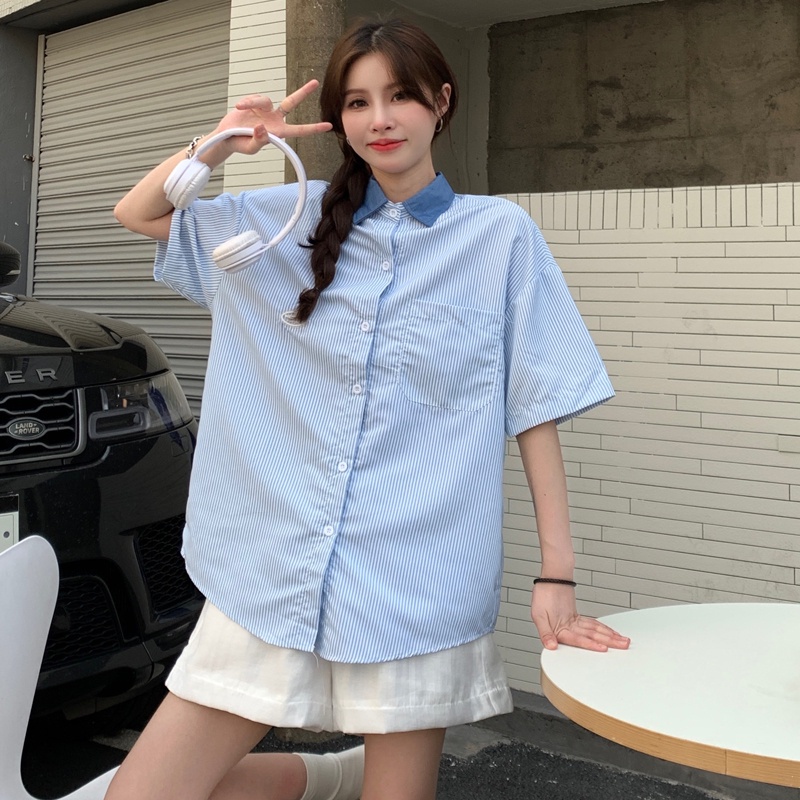 Áo Sơ Mi Tay Ngắn Họa Tiết Sọc Thời Trang Sành Điệu Cho Nữ