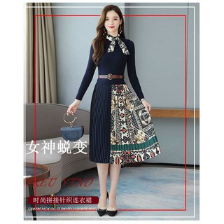 HÀNG NHẬP - ĐẦM LEN XÒE PHỐI LỤA DẬP LY KÈM NỊT