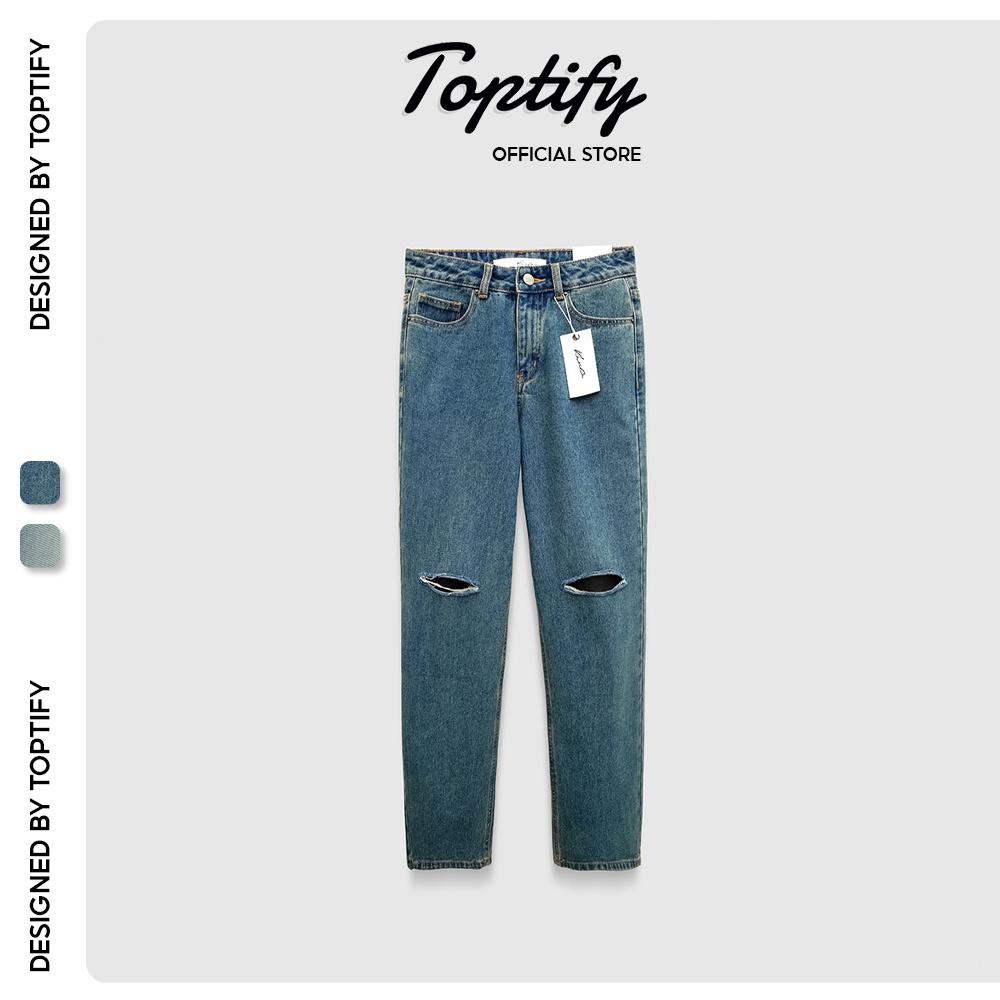 Quần jeans nữ ống suông TOPTIFY cullotes rách gối cá tính QJ32