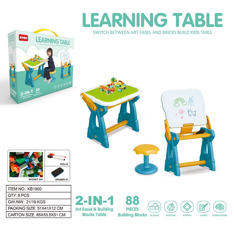 Bàn lego cho bé kèm bảng vẽ cho bé 2 in 1, bàn lắp ráp đồ chơi kèm vẽ gồm 88 chi tiết xếp hình