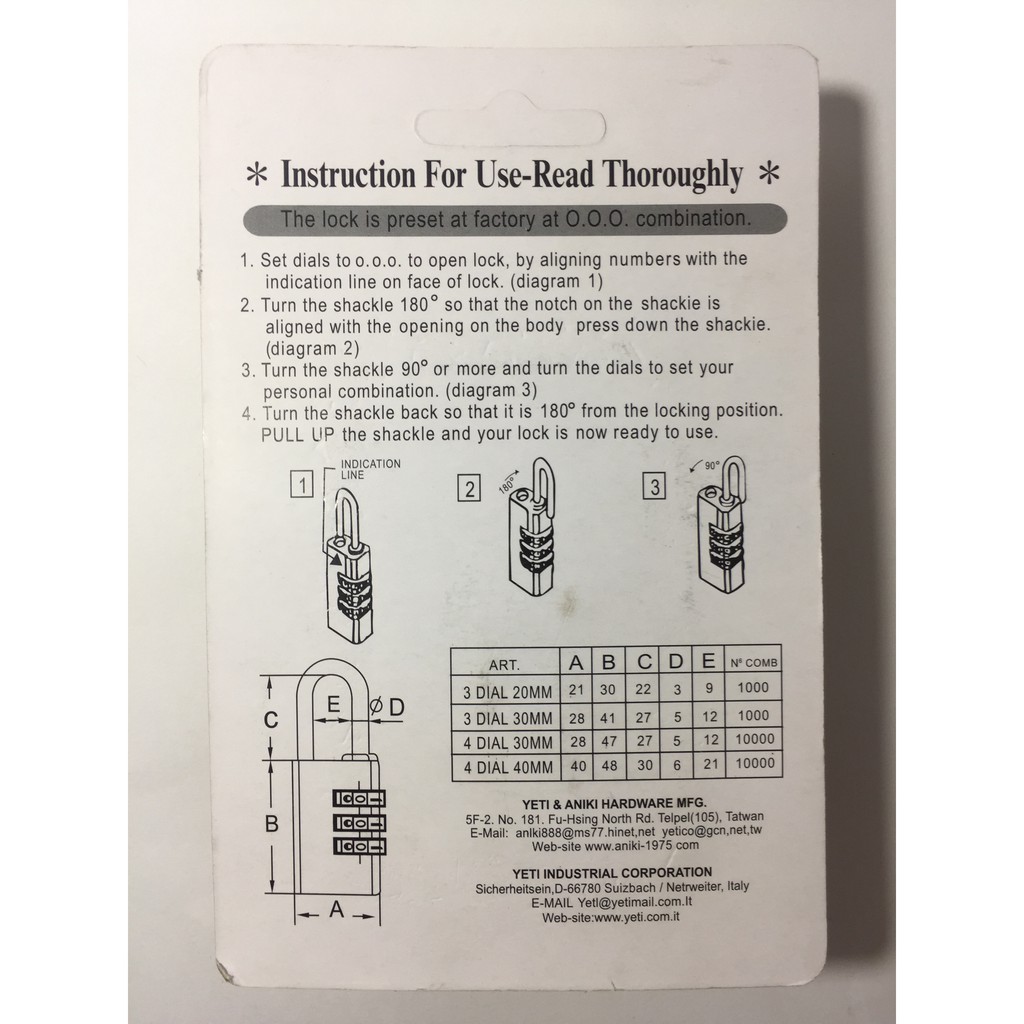 [CHÍNH HÃNG] Ổ Khóa Vali Tủ, Khóa Cửa, Số Chọn Đồng Thau YETI NO.320, 2 Phân 3 Số Mật Khẩu Thay Đổi Tùy Ý