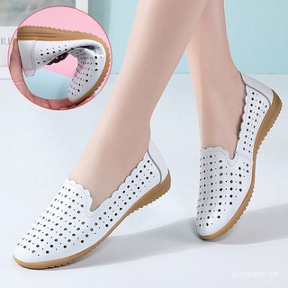 Mới Giày Lười Da Thật Đục Lỗ Đế Mềm Thoải Mái Thời Trang Mùa Hè Cho Nữ