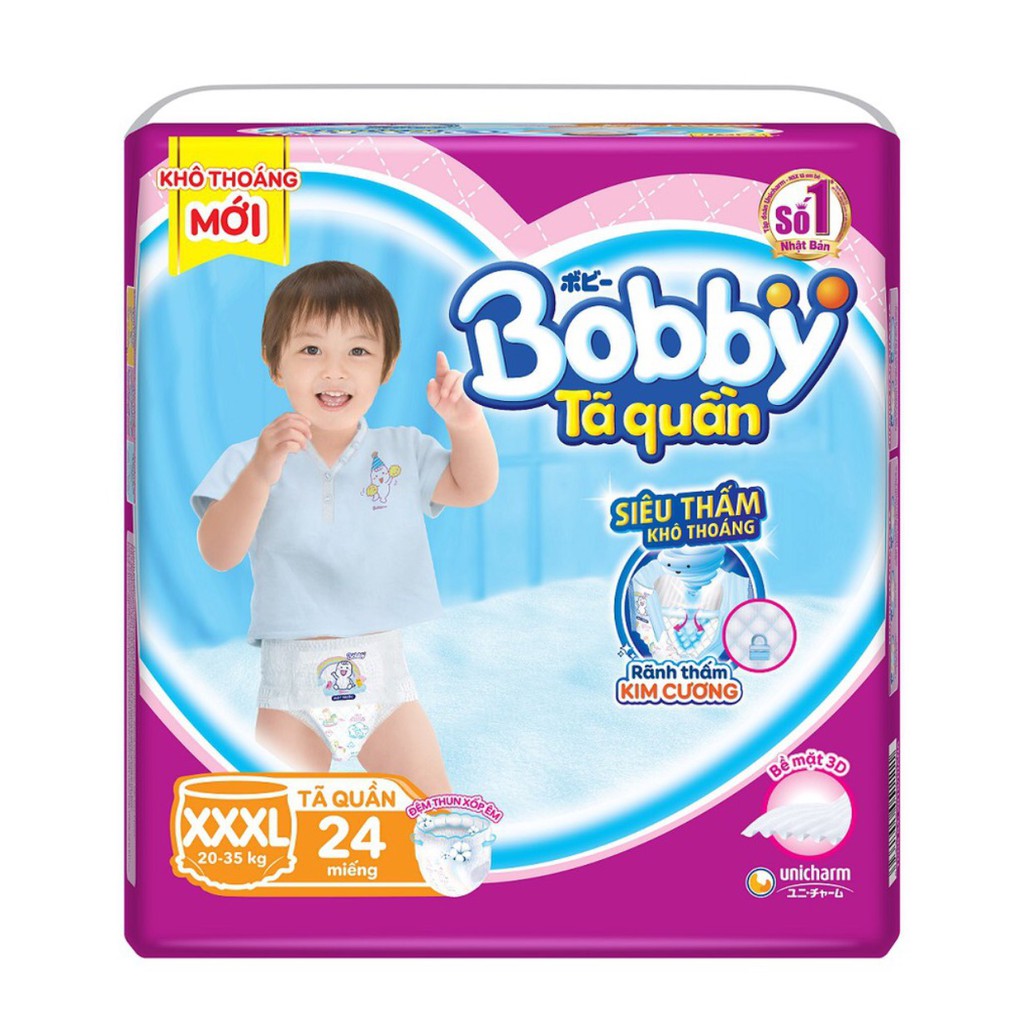 Tã Quần Bobby Size XXXL 24 miếng dành cho bé 20 đến 35 kg, Rãnh thấm Kim Cương