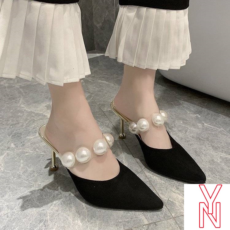 Giày Muller Cao Gót Mũi Nhọn Đính Ngọc Trai Nhân Tạo Màu Đen Thời Trang Mùa Hè Mới Cho Nữ 2021