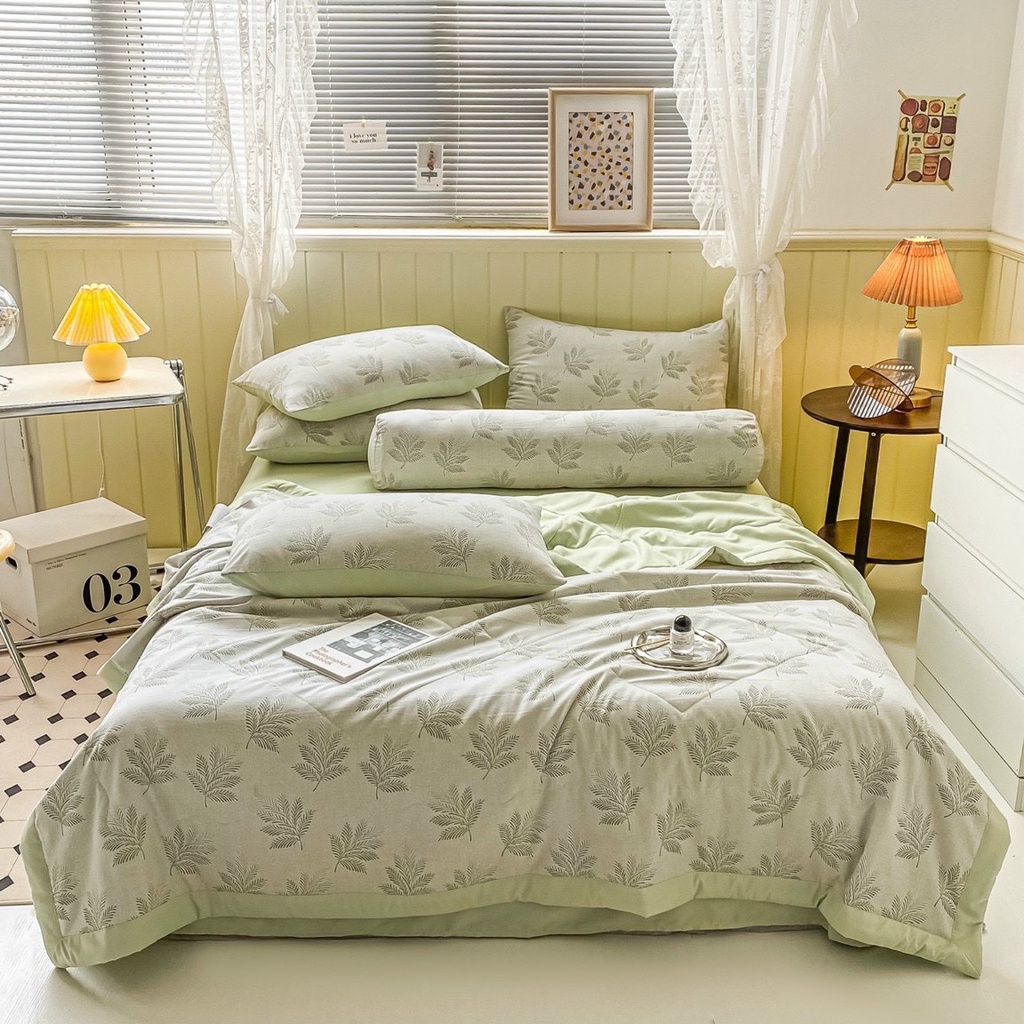 Bộ chăn ga gối Cotton Đũi 5 món phong cách Hàn Quốc mẫu mới 2022,Ga giường vỏ gối chăn hè chất đũi thoáng mát không xù
