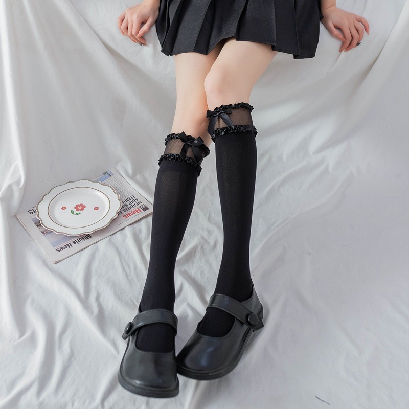 Tất LOLITA ren nơ nữ Đôi vỡ dài dưới gối dễ thương mẫu mới 2022