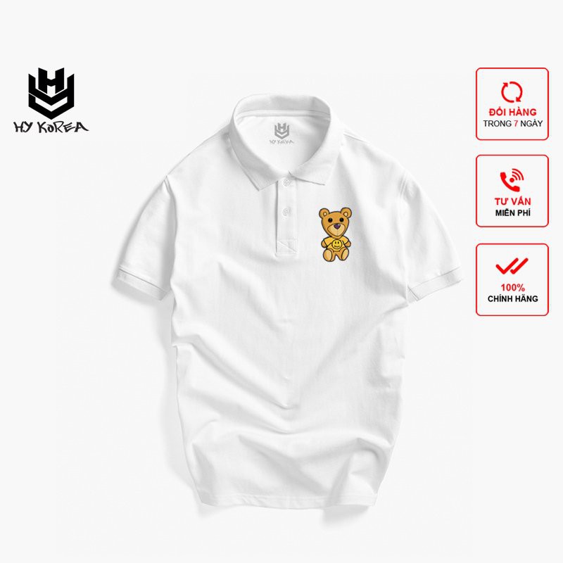 Áo Thun Polo HY Korea Nam Nữ Vải Cá Sấu 4 Chiều In Hình GẤu Teddy DC224.