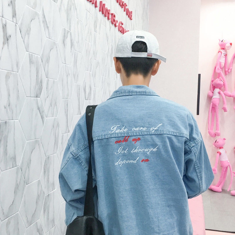 Áo khoác Denim dáng rộng thêu hoa và chim hạc kiểu Hàn Quốc cá tính cho học sinh