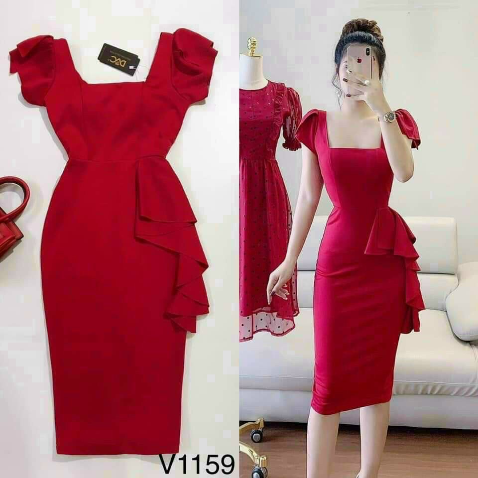 Váy đầm nữ body dự tiệc bèo hông cổ vuông tay phồng kiểu dáng thanh lịch thích hợp mặc đi làm, dự tiệc