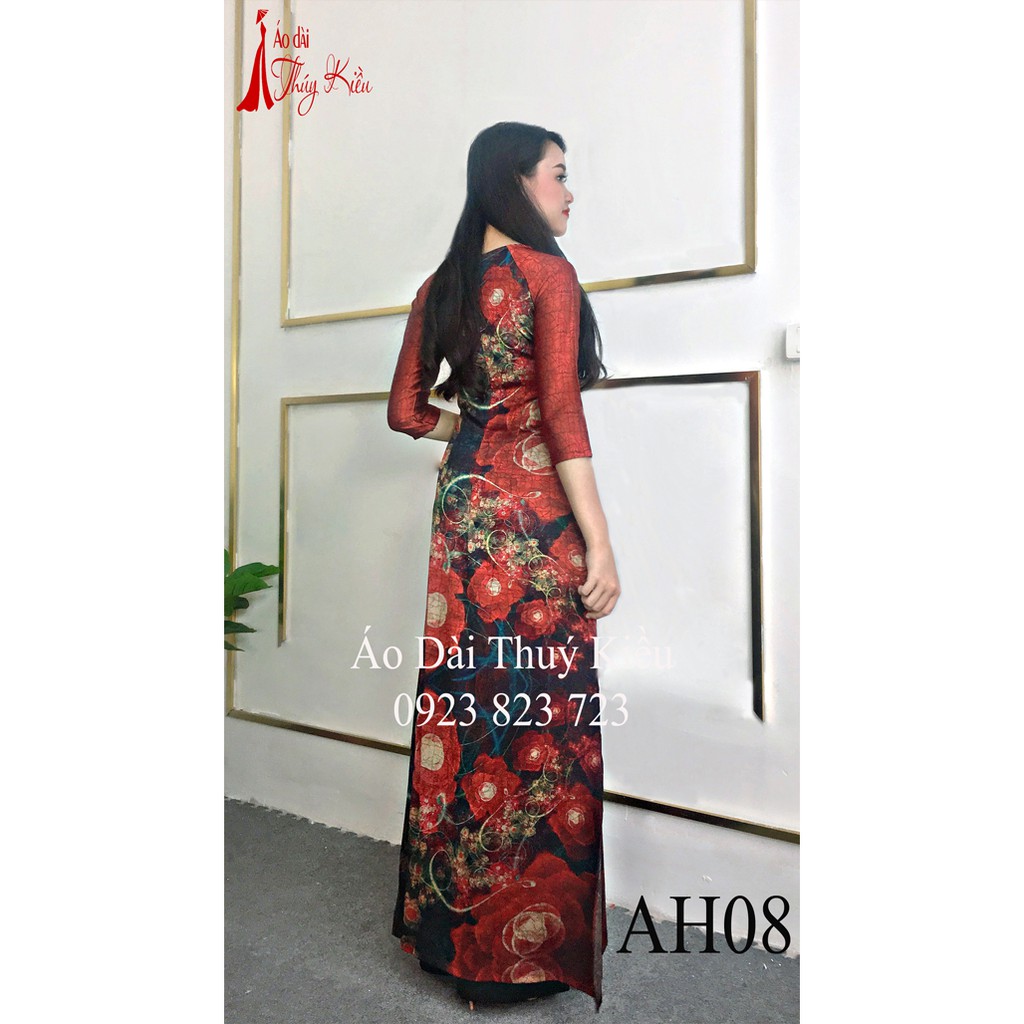 Áo dài Đông Hưng gân chìm in hoa xanh đỏ AH08