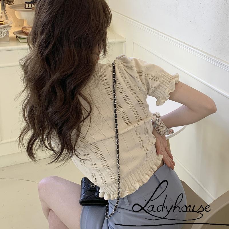 Áo Thun Dệt Kim Tay Ngắn Cổ Chữ V Màu Trơn Thời Trang Cho Nữ