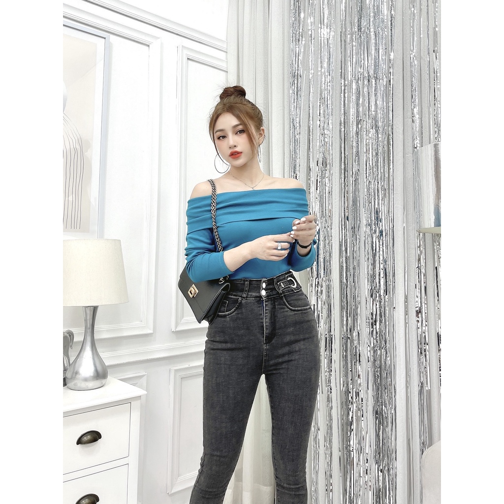 Quần jeans dáng ôm nữ CRAZYTEEN lưng cao đai phối nút K0256