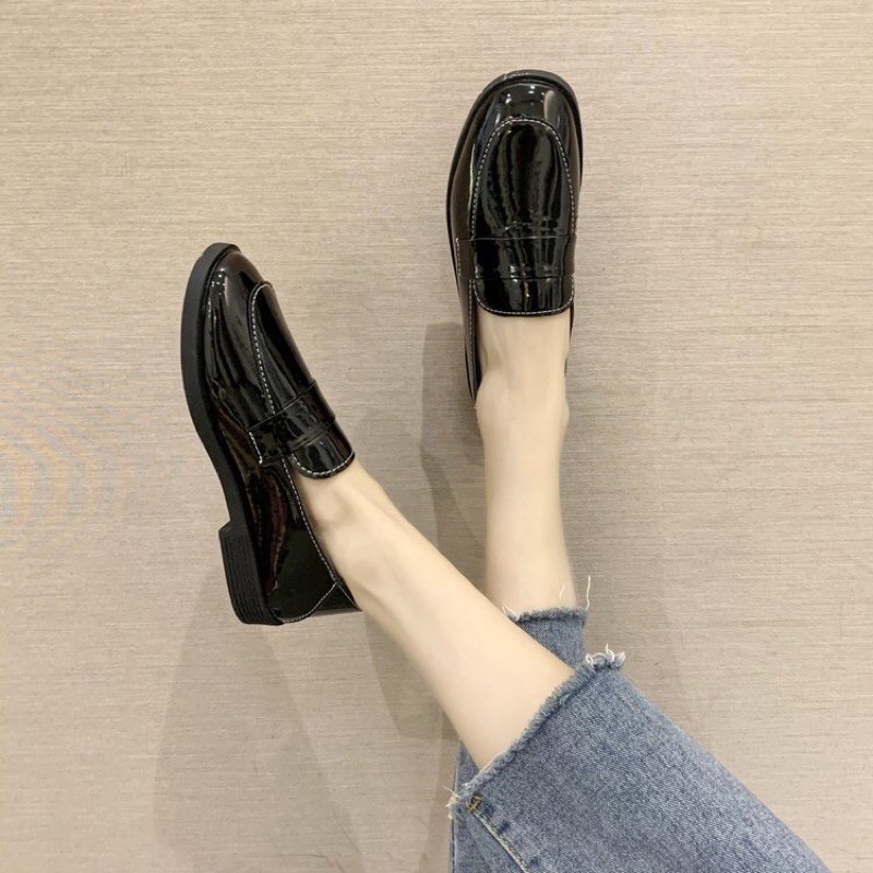 (PASS) Giày lười đế bằng, giày ulzzang nữ đen da bóng size 37