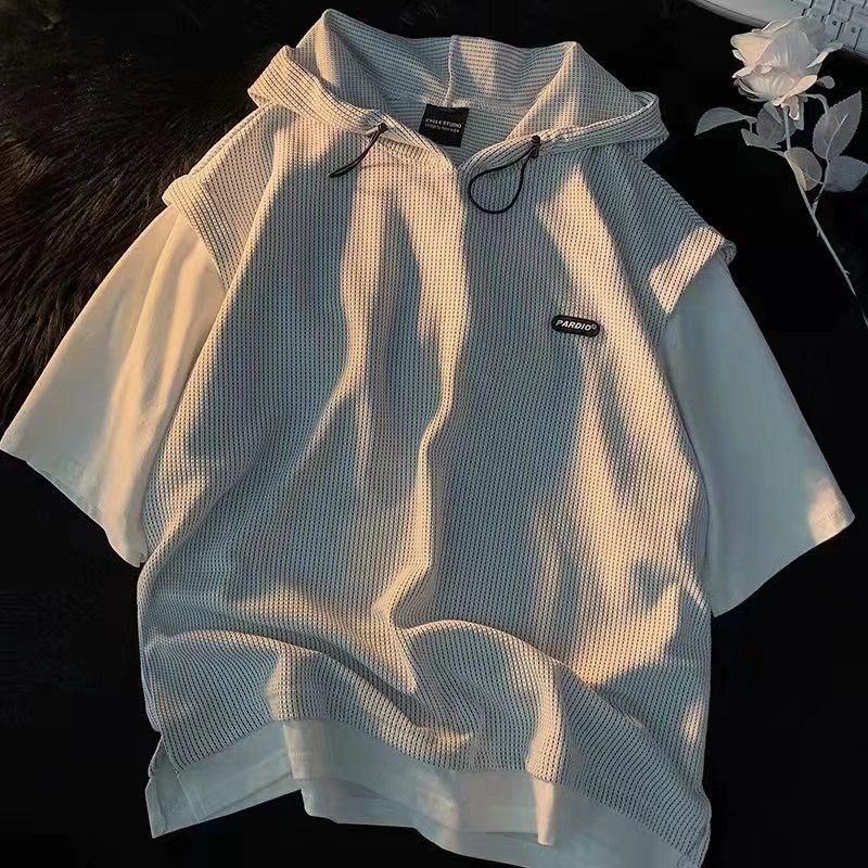 Set Áo Hoodie Giả Hai Lớp Phối Quần Short Thời Trang Hong Kong Cá Tính Cho Nam
