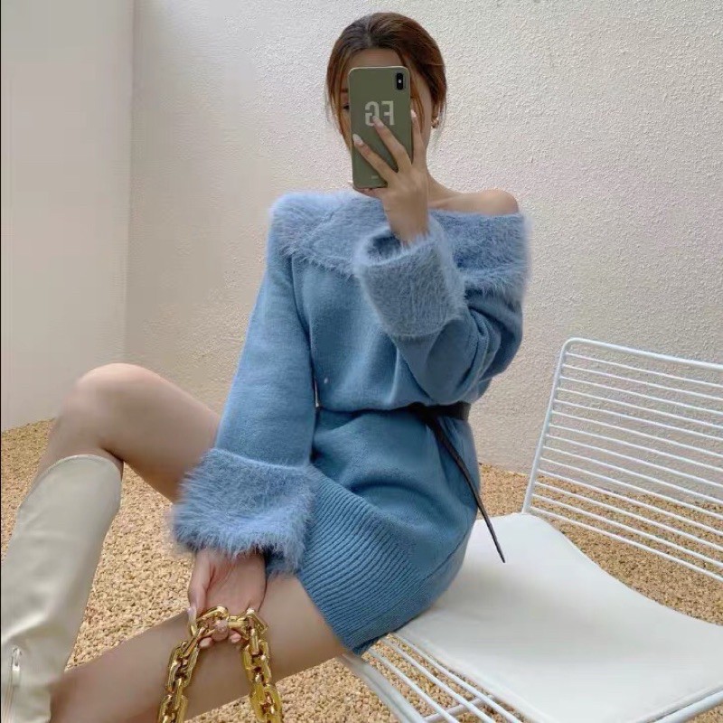 Váy len suông trễ vai tay len lông kèm belt