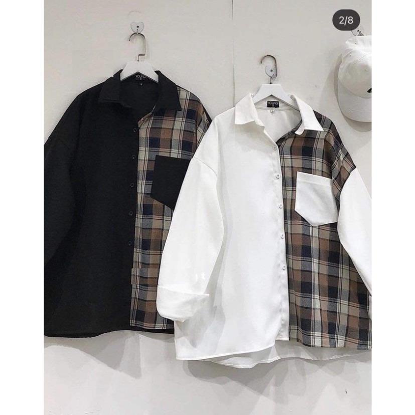 Áo Sơ Mi Nữ Phối Caro Kẻ Nâu hai màu basic Thun dài tay form rộng phong cách đường phố vintage cá tính Ulzzang