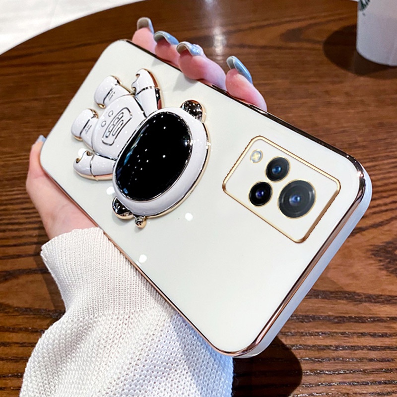 Ốp lưng Giá đỡ phi hành gia mạ vàng sang trọng Giá đỡ tích hợp Vỏ mềm Tương thích với Cho VIVO V21 V21E V20 V20SE V19 Neo V17 V15 V11 Y71T Y73 S1PRO Ốp silicon TPU màu trơn đơn giản case