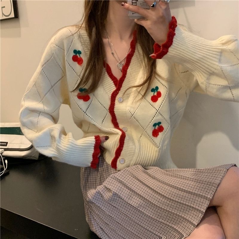 Áo khoác cardigan dệt kim phối ren thêu hình quả anh đào phong cách Hàn Quốc dễ thương