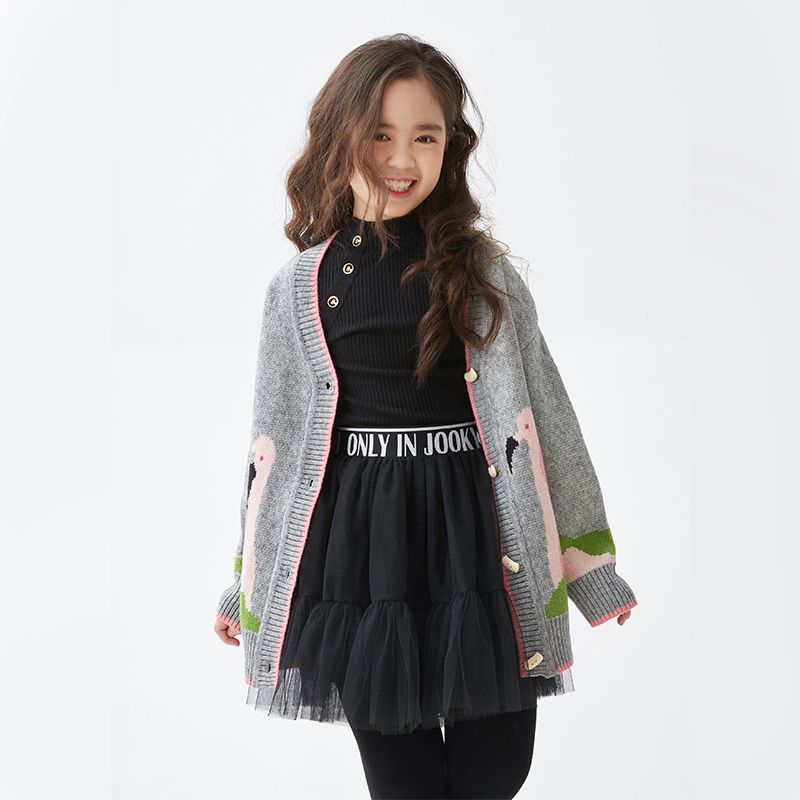 Áo khoác cardigan JOOKYLI bé gái màu ghi chất len họa tiết hồng hạc 83G0828