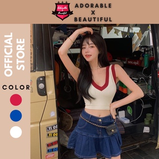 [AdorablexBeautiful] Chân Váy Jeans Xanh Dáng Xòe, Áo Thun Trằng Viền Đỏ Co Giãn