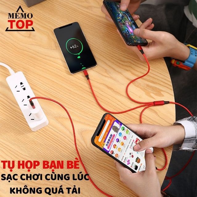 Dây cáp sạc 3 đầu đa năng sạc nhanh 2.4A cho điện thoại iphone, samsung type c, lightning, micro usb Memotop