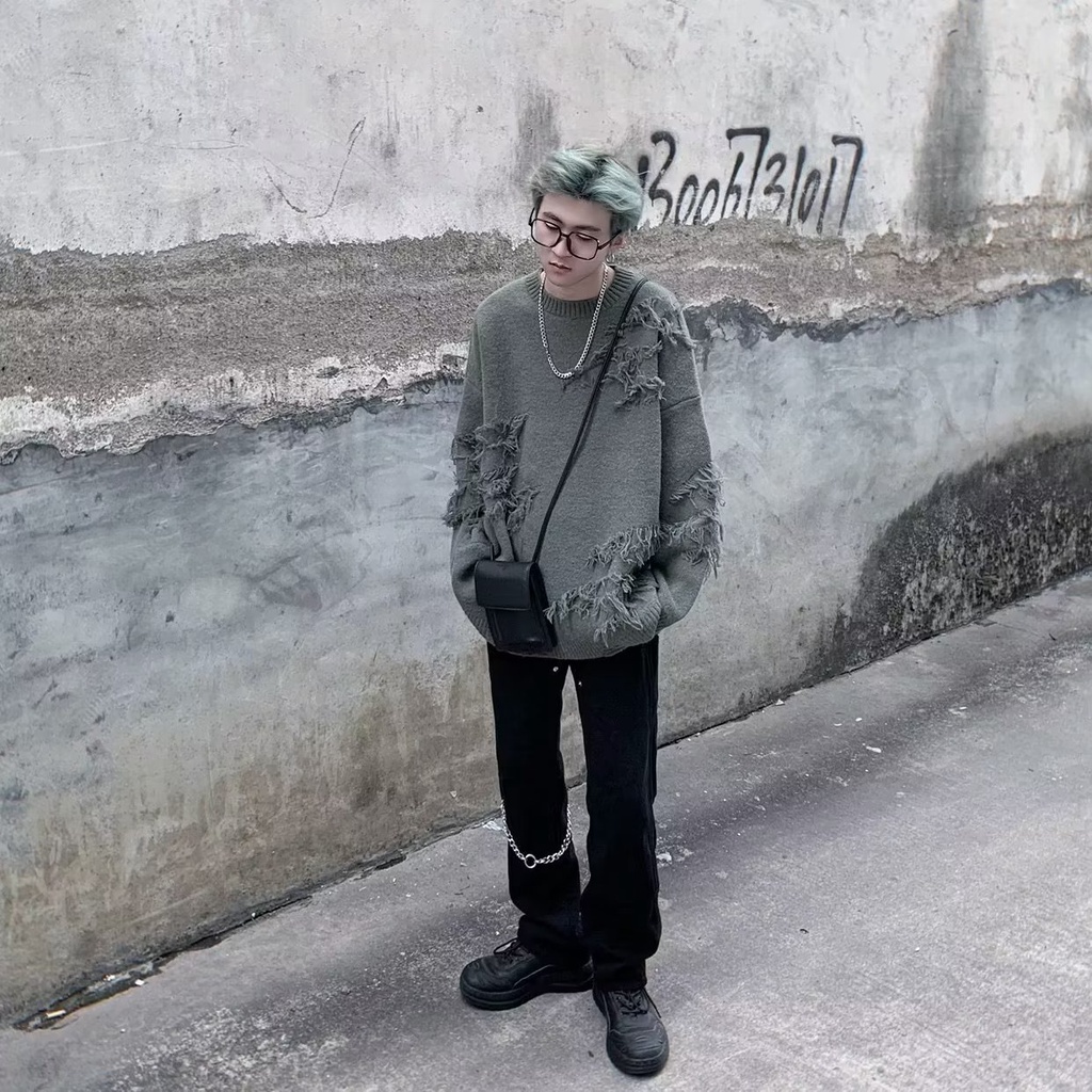 Áo Sweater Dệt Kim Tay Dài Cổ Tròn Màu Trơn Phối Rách Kiểu Đường Phố Hàn Quốc Thời Trang Cho Nam