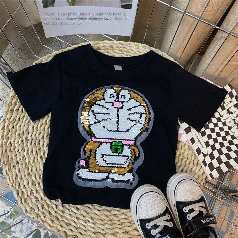 Áo Thun Tay Ngắn Chất Liệu Cotton Họa Tiết Doraemon Đính Kim Sa Lấp Lánh Thay Đổi Màu Sắc Cho Bé