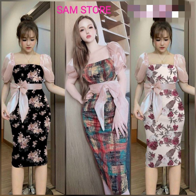 Đầm Ôm Body Thắt Nơ Eo và Tay Con Phối Voan Tơ Size M SamStore