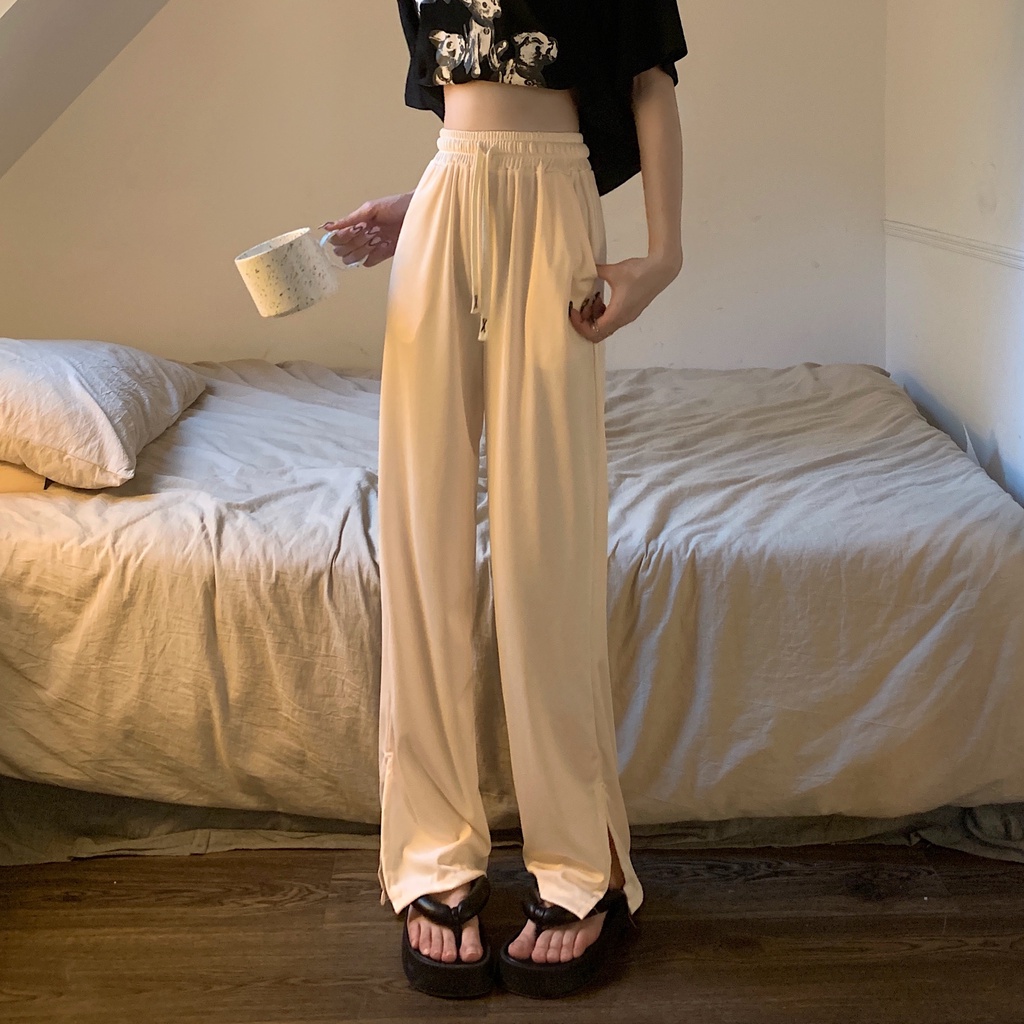 Quần ống rộng Lưng Cao Vải Lụa Mát Mỏng Phối Dây Rút 5 Màu Sắc Trẻ Trung